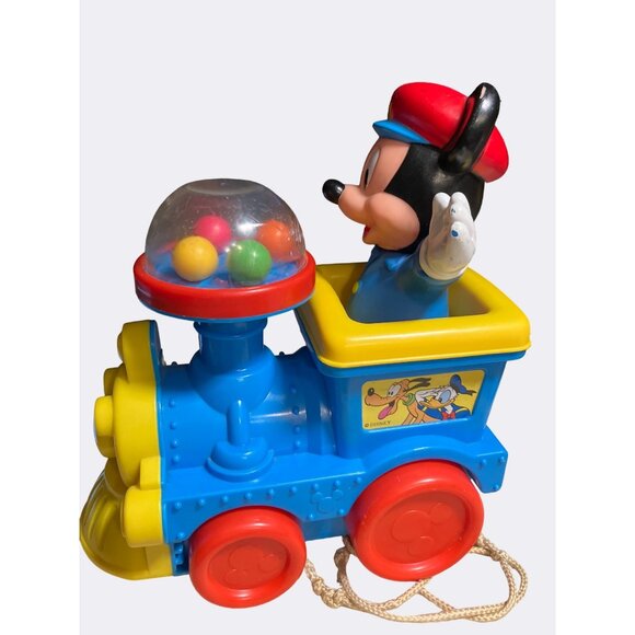 Disney Mickey Mouse Train Pull Toy Vintage Blue yellow Red Pop Balls Corn Popper - Picture 6 of 10